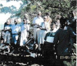 A group of people standing together among mangrove trees on a sunny day