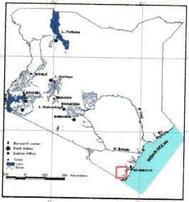 Outline map of Kenya with lakes and towns marked and the Indian Ocean coast shaded, Msambweni boxed in red