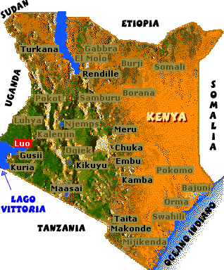 Map of Kenya showing where its ethnic groups live, with the Luo marked beside Lake Victoria
