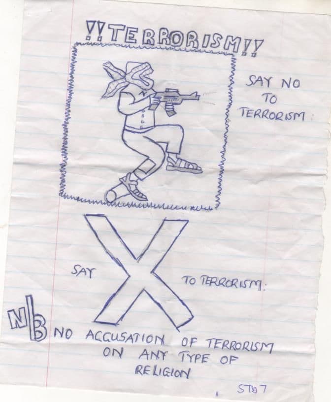 Pupil's pen drawing of an armed figure crossed out, with the words Say no to terrorism
