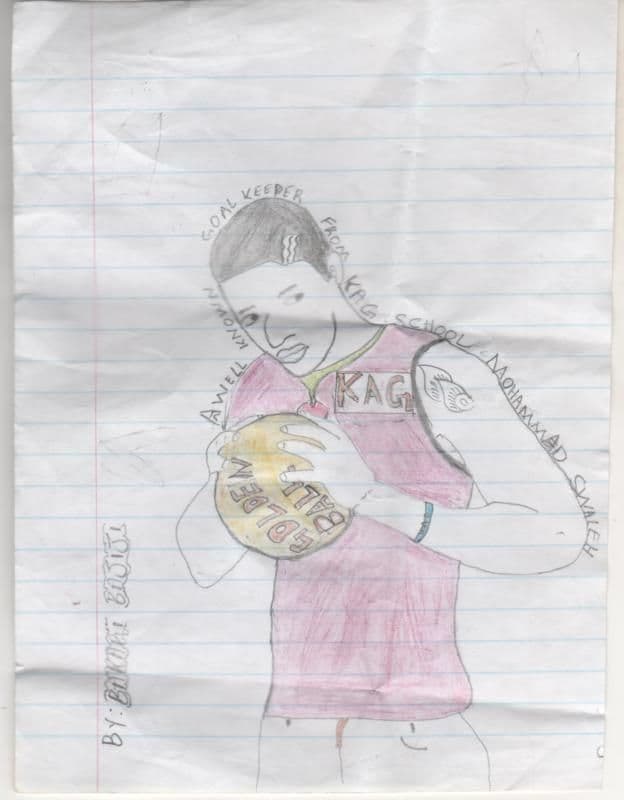 Pupil's pencil drawing of a basketball player in a KAG vest holding a ball