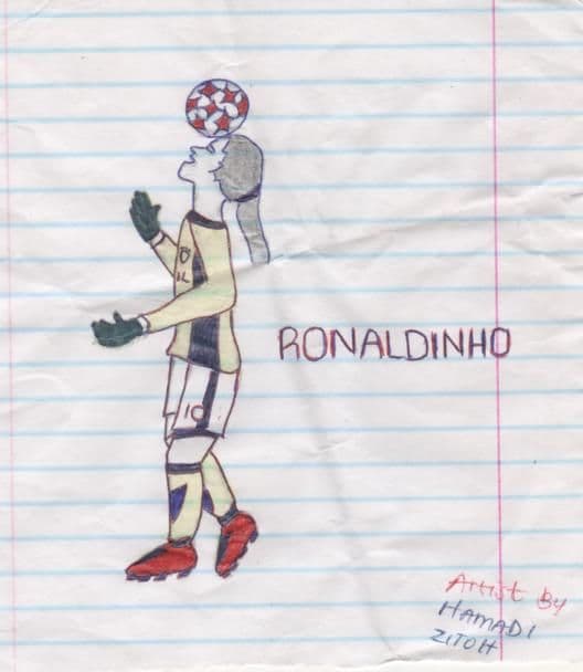 Pupil's drawing of footballer Ronaldinho heading a ball, on lined paper