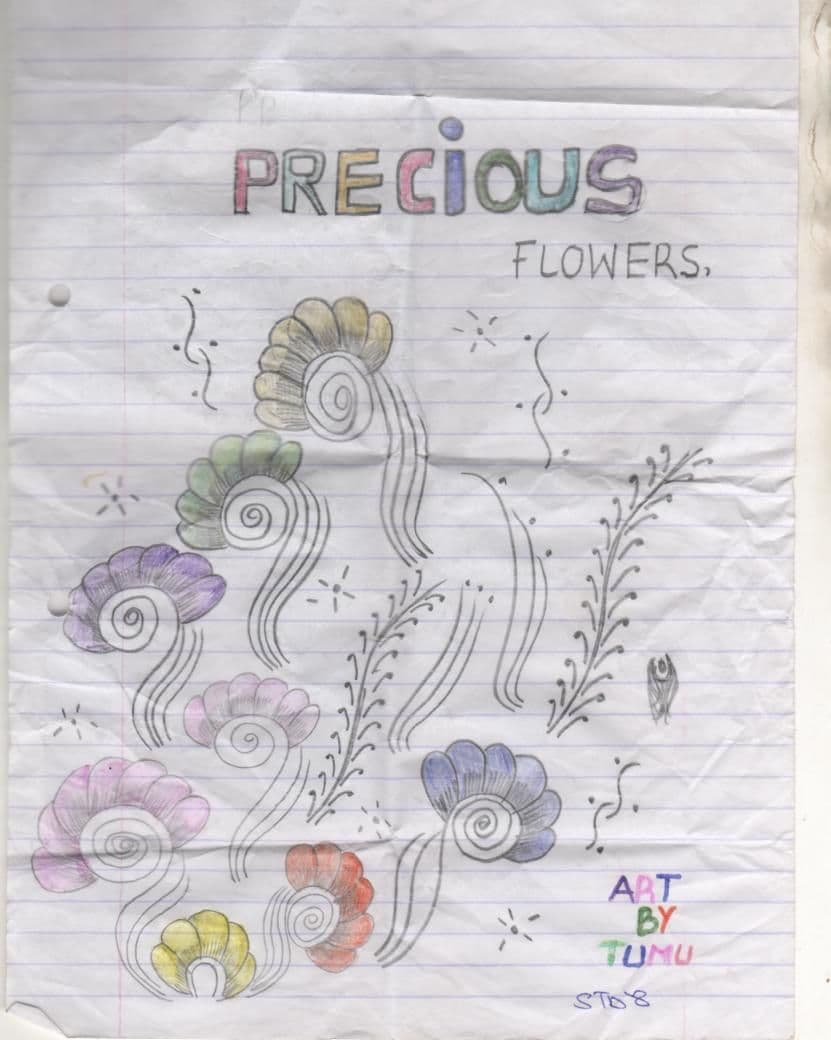 Pupil's coloured drawing of decorative flowers titled Precious Flowers