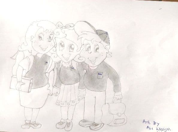 Pupil’s pencil drawing of three cartoon children in school uniform, one holding books