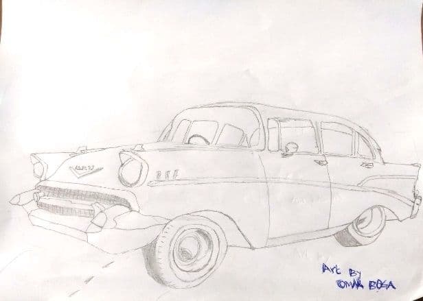 Pupil’s pencil drawing of a 1950s-style car