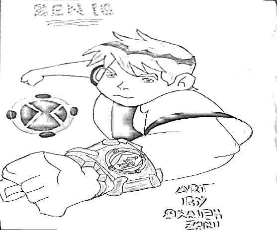 Pupil’s pencil drawing of a cartoon boy raising a large wristwatch gadget