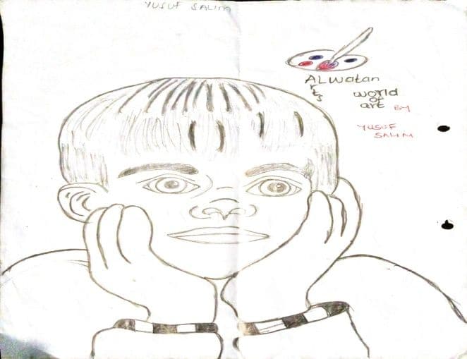 Pupil's pencil drawing of a boy resting his chin on his hands, with a paint palette sketch