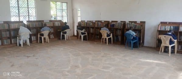 Pupils reading at plastic chairs and desks beside wooden bookshelves in the school library