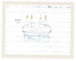 A child's pencil drawing of a birthday cake with candles