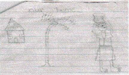 Child's pencil drawing on lined paper of a small house, a palm tree and a person