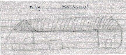 Child's pencil drawing on lined paper of a long school building with a roof, door and windows