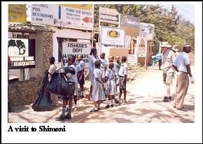 Pupils in uniform carrying bags of litter past shop signs on a street, with adult visitors watching