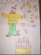 Child's crayon drawing of a clown holding a bunch of balloons next to a birthday cake with candles