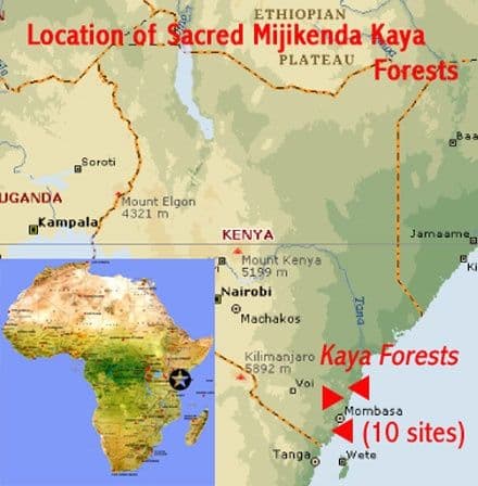 Map of East Africa marking the sacred Mijikenda Kaya forests, ten sites, on the Kenya coast near Mombasa