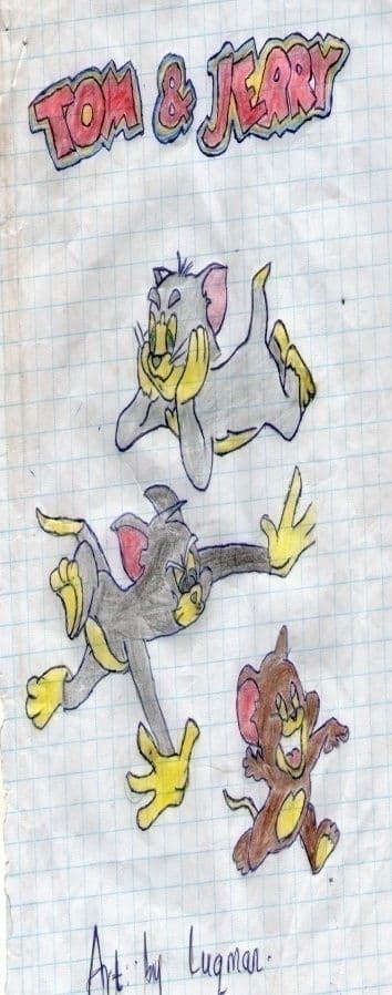Pupil's coloured pencil drawing of Tom and Jerry cartoon characters on lined paper