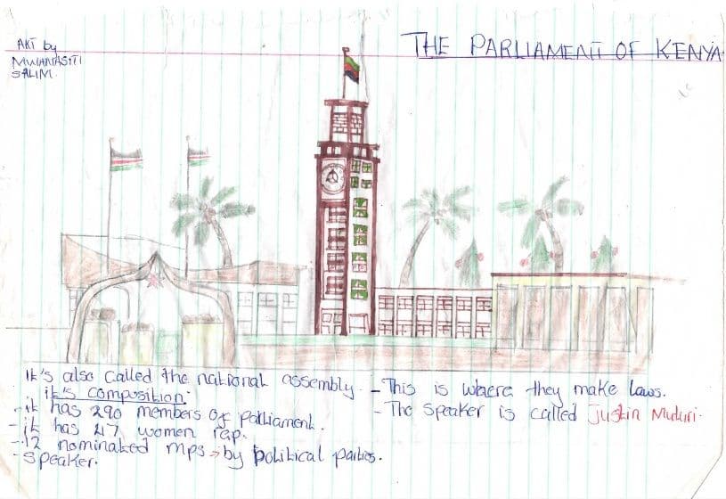 Pupil's coloured drawing of the Parliament of Kenya building and clock tower, with handwritten facts