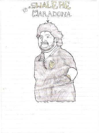 Pupil's pencil portrait drawing of footballer Maradona