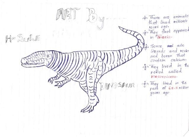Pupil's pen drawing of a dinosaur with handwritten facts about dinosaurs