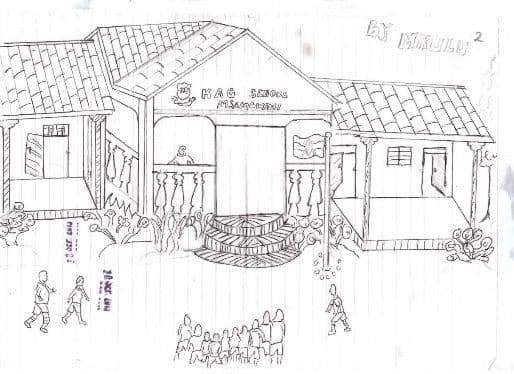 Pupil’s pencil drawing of the KAG School building with children playing in the yard