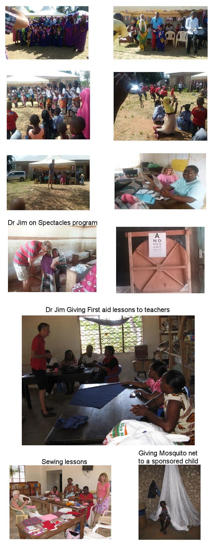 Photo collage: celebrations under tents, eye tests, a first aid class for teachers, sewing lessons and a mosquito net