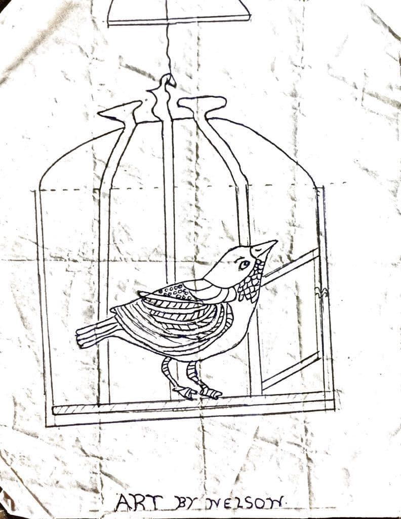 Pupil’s pen drawing of a patterned bird perched inside a hanging birdcage