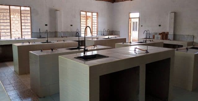 Empty science laboratory with tiled benches, sinks and taps
