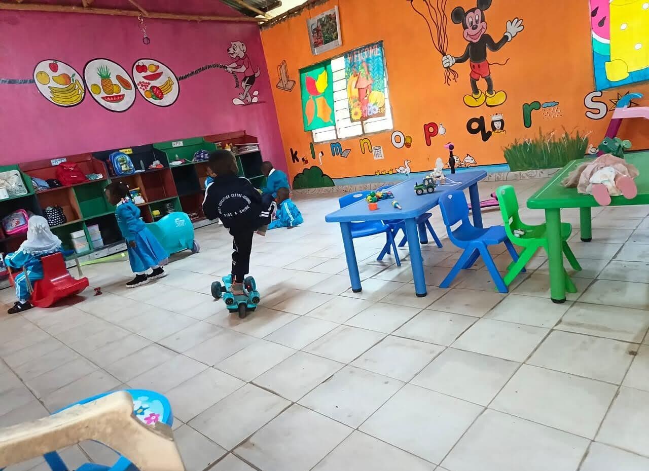 The bright, colourful daycare playroom