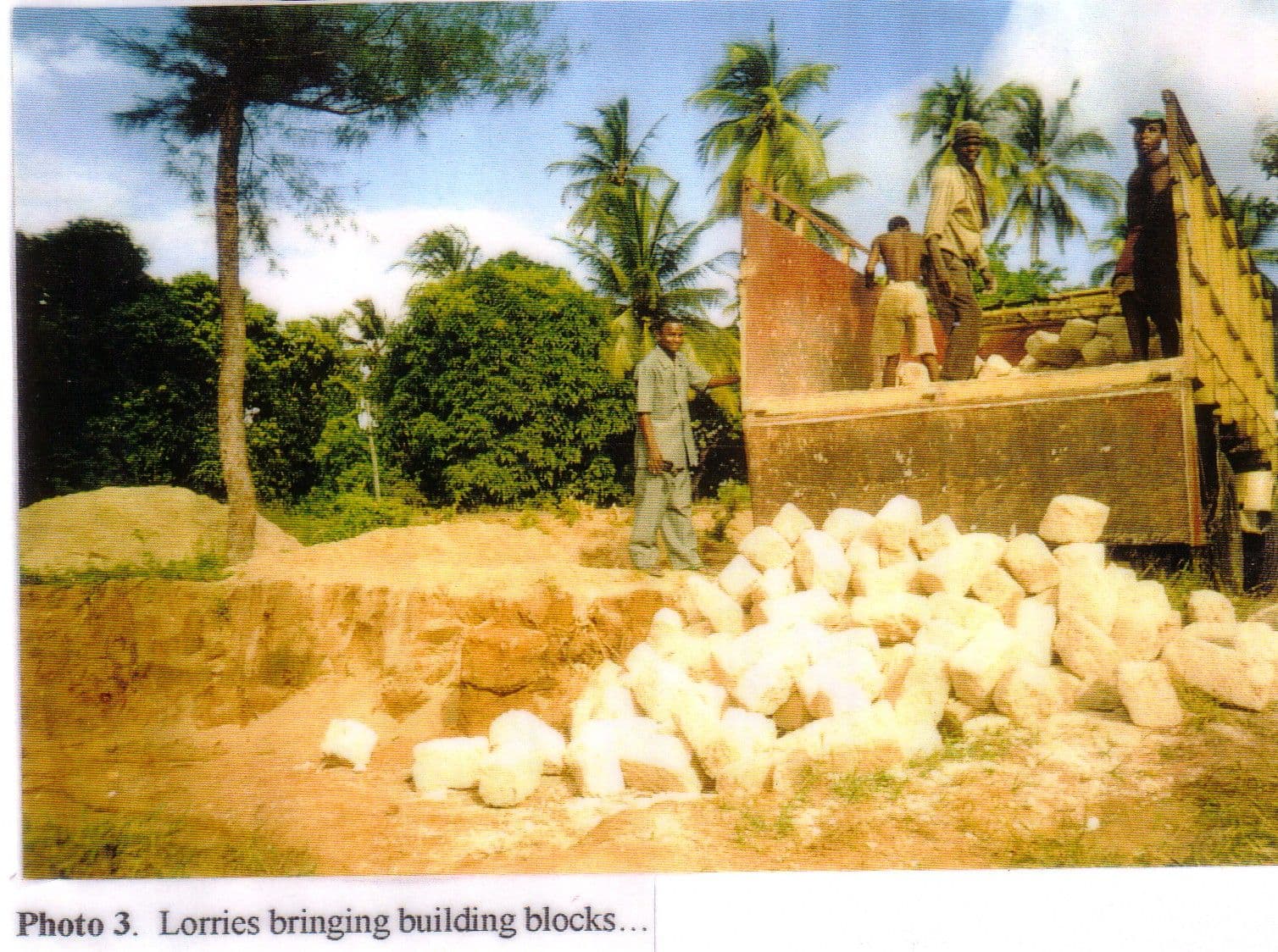 Scanned print of workers unloading coral building blocks from a lorry among palm trees