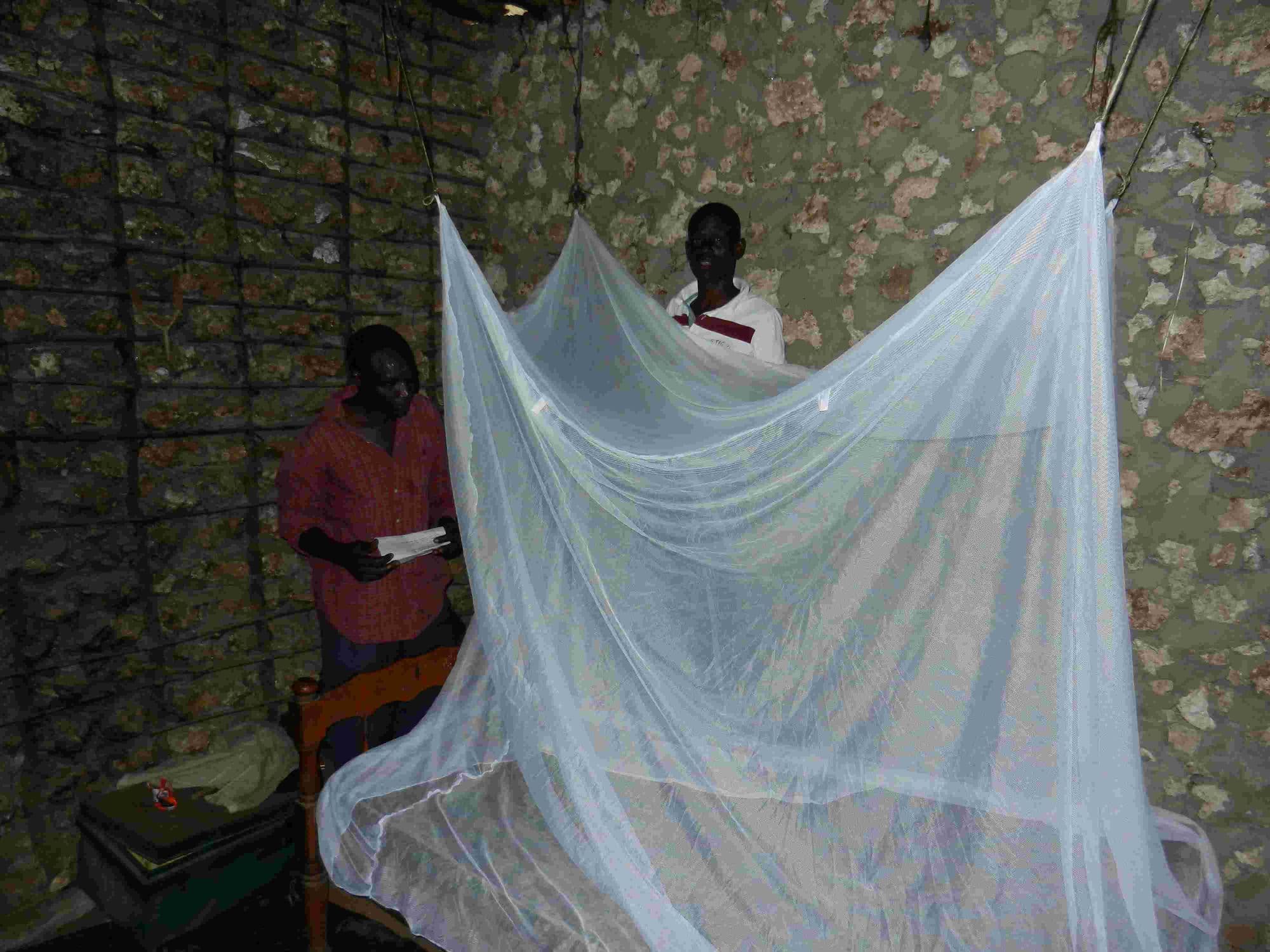 A mosquito net hung over a bed inside a coral stone house