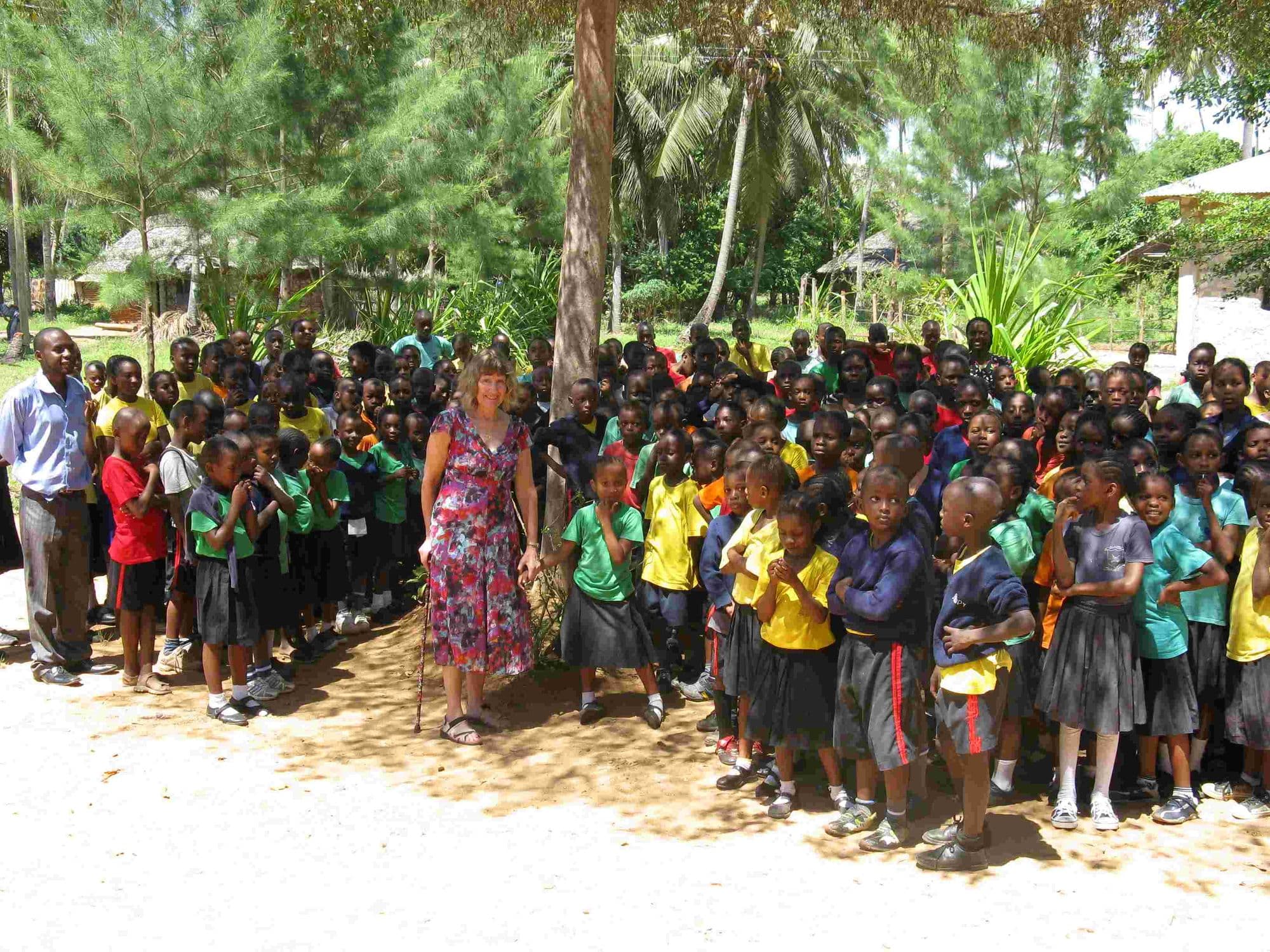 The whole school gathered outside for an assembly led by a visitor