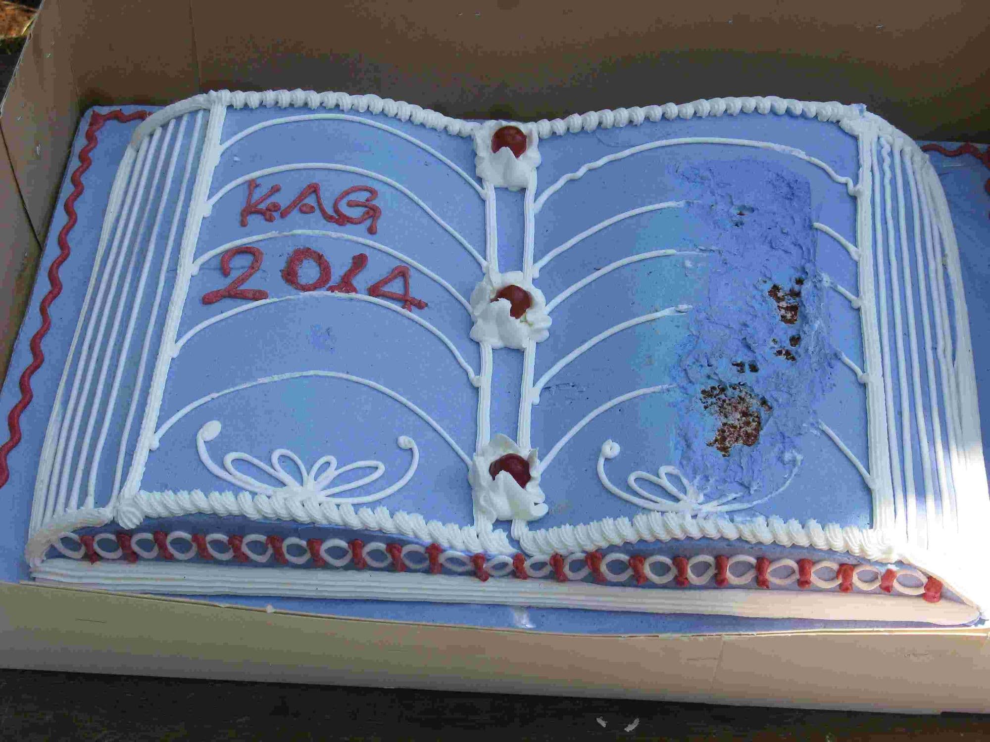 A cake shaped as an open book iced with KAG 2014