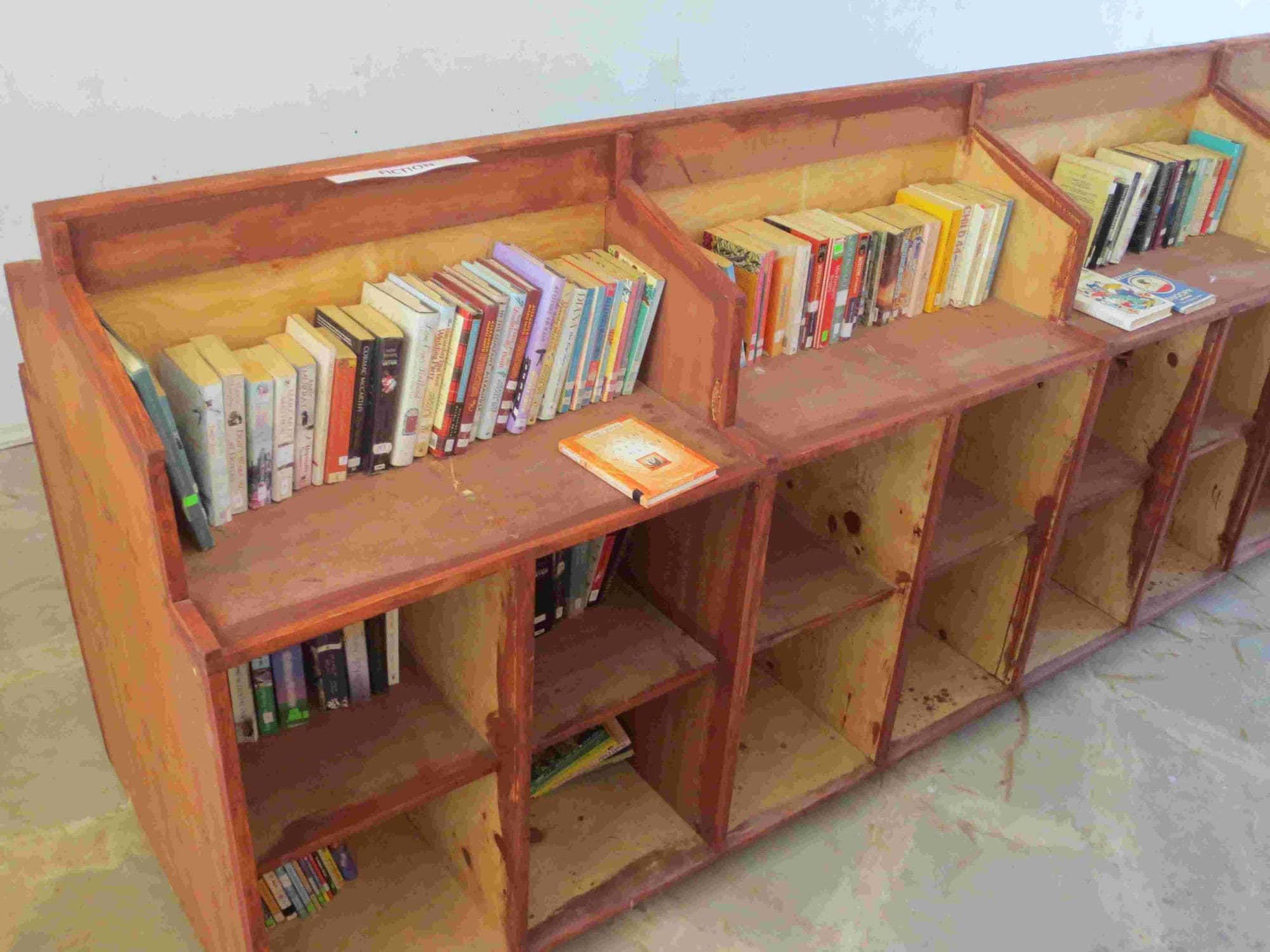 Low wooden library shelves filled with books