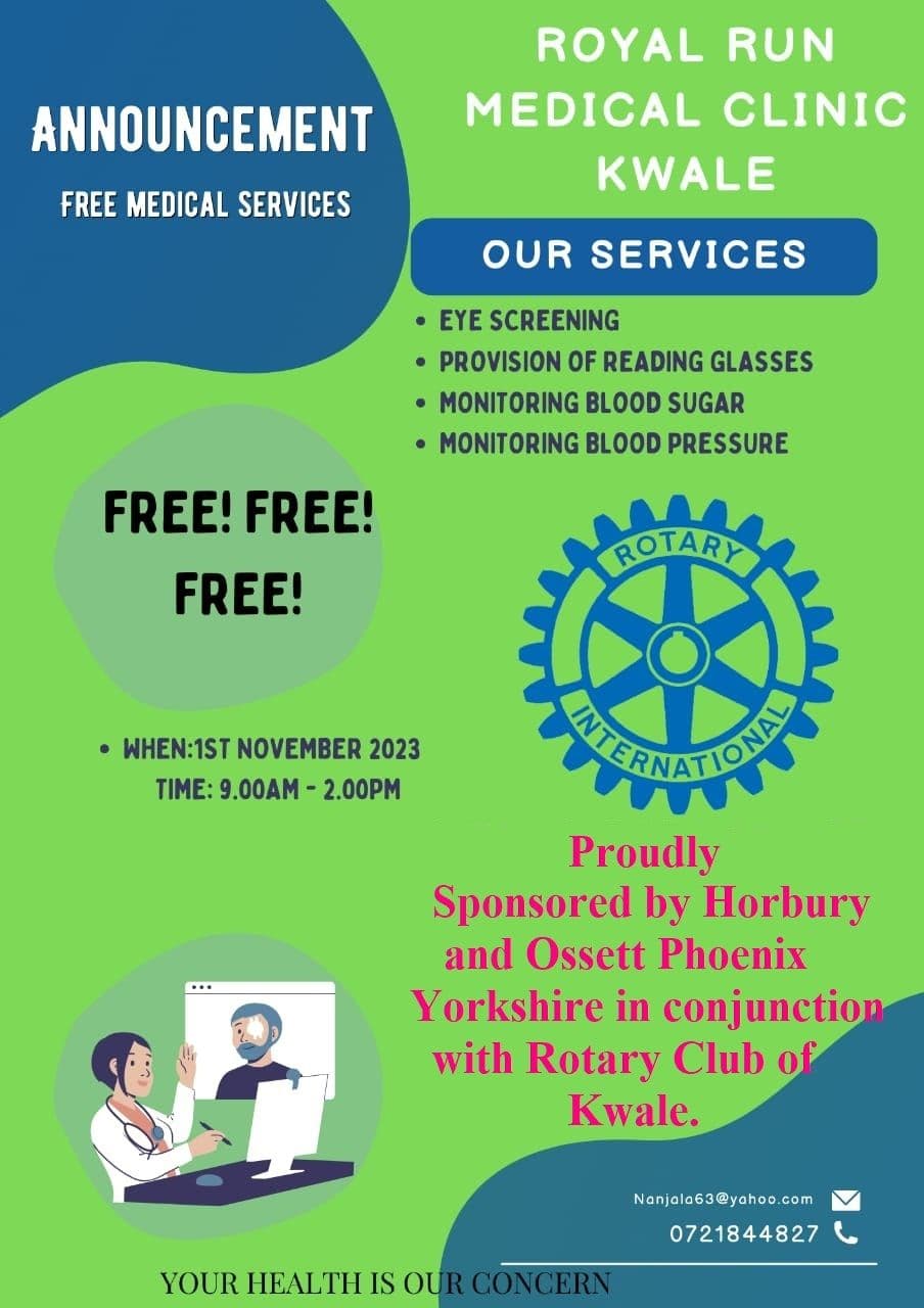 Flyer for a free Rotary medical clinic in Kwale offering eye screening, reading glasses and blood checks, 1 November 2023