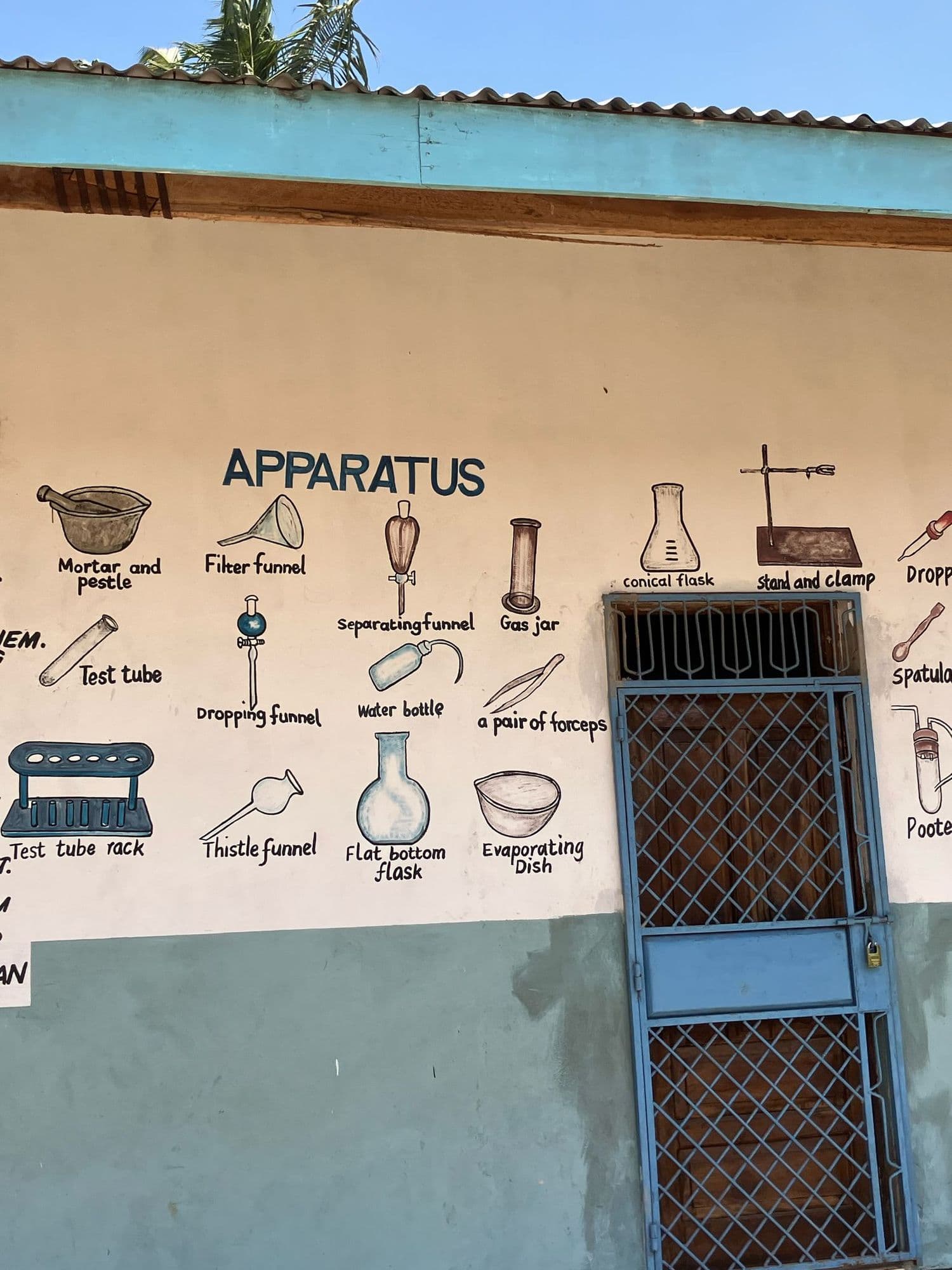 Science apparatus drawings painted on an outside wall of the Junior High School