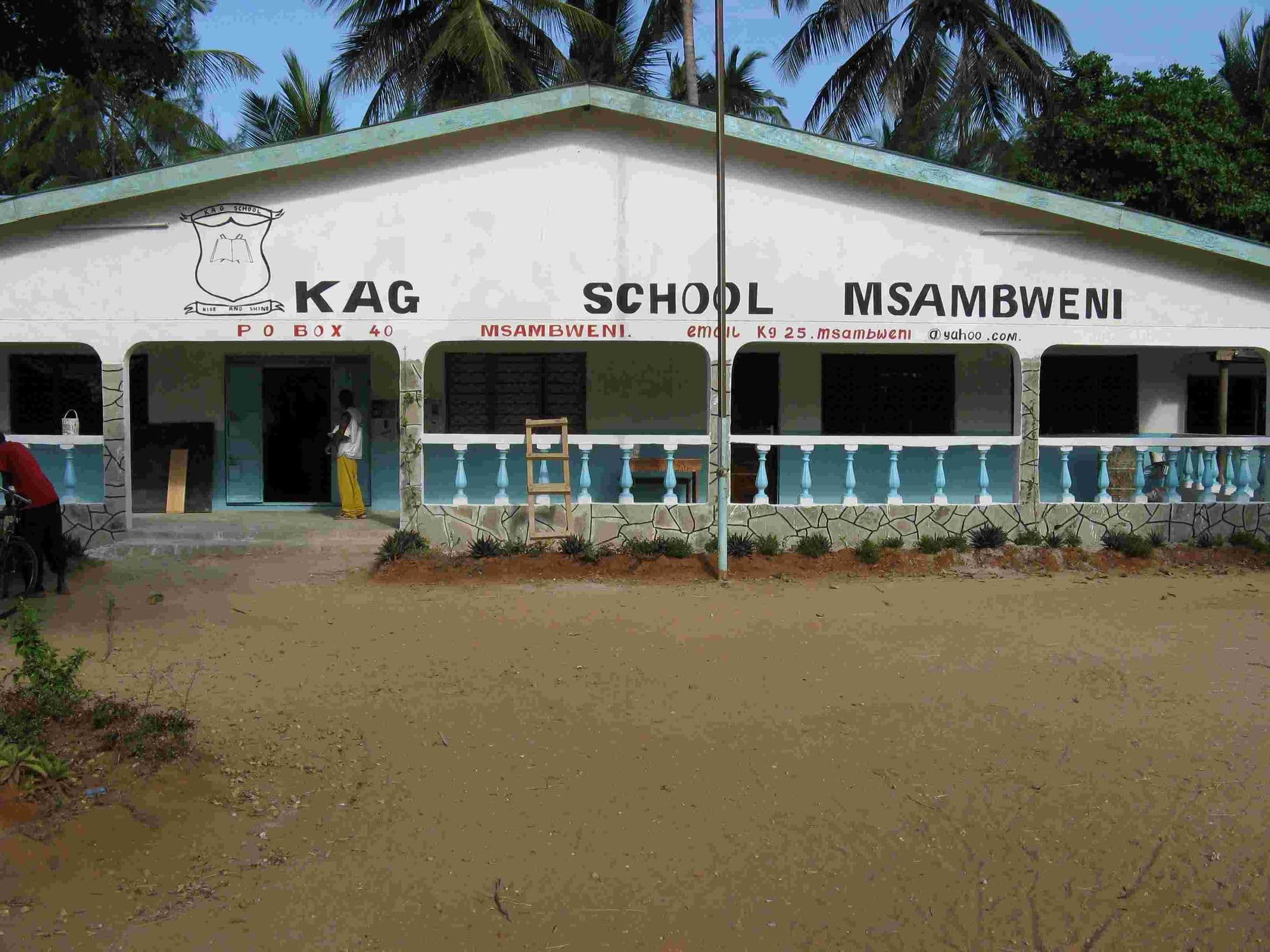 Front of KAG School Msambweni with its name painted above the verandah