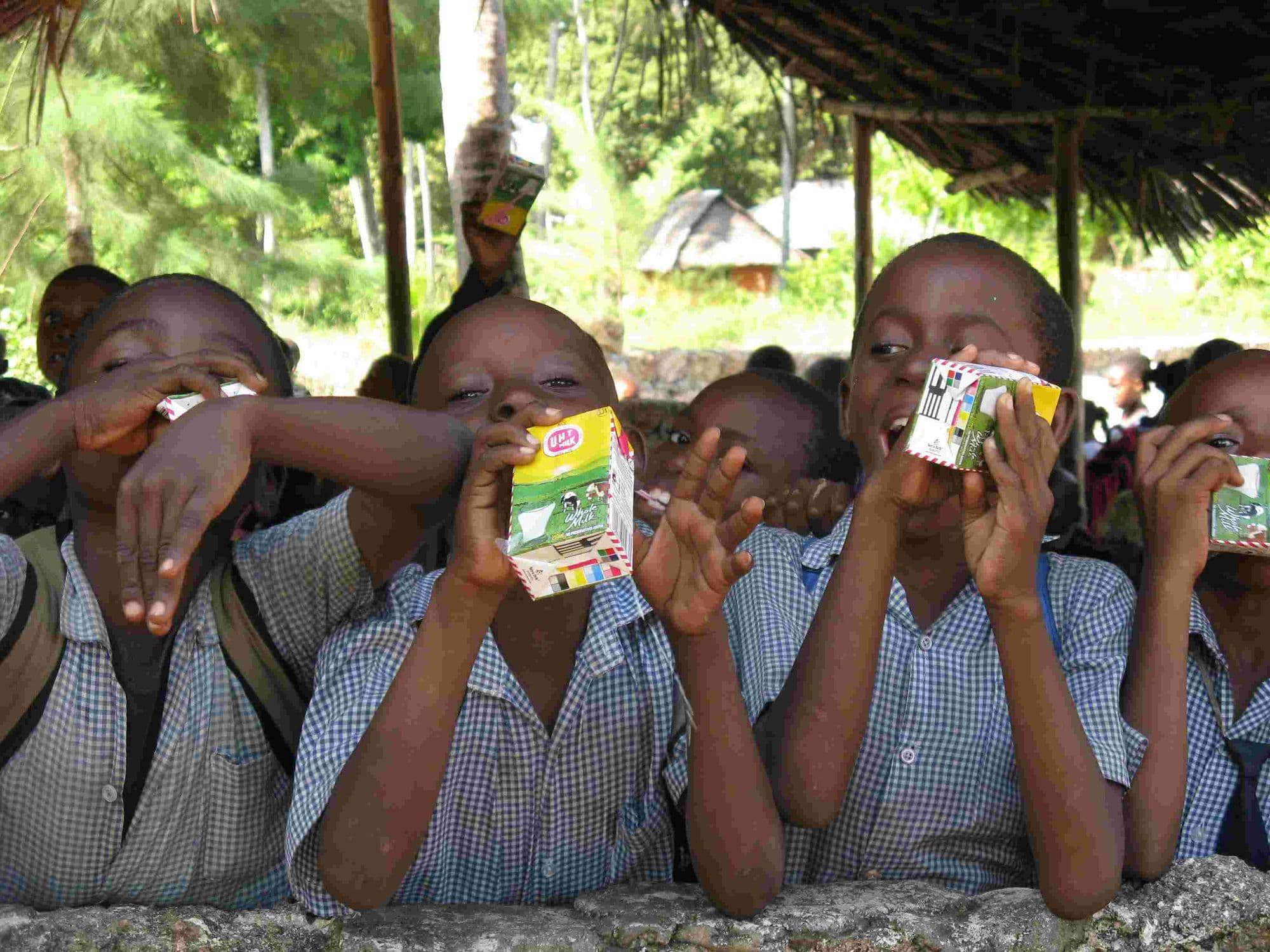 Pupils drinking from milk cartons under a shelter