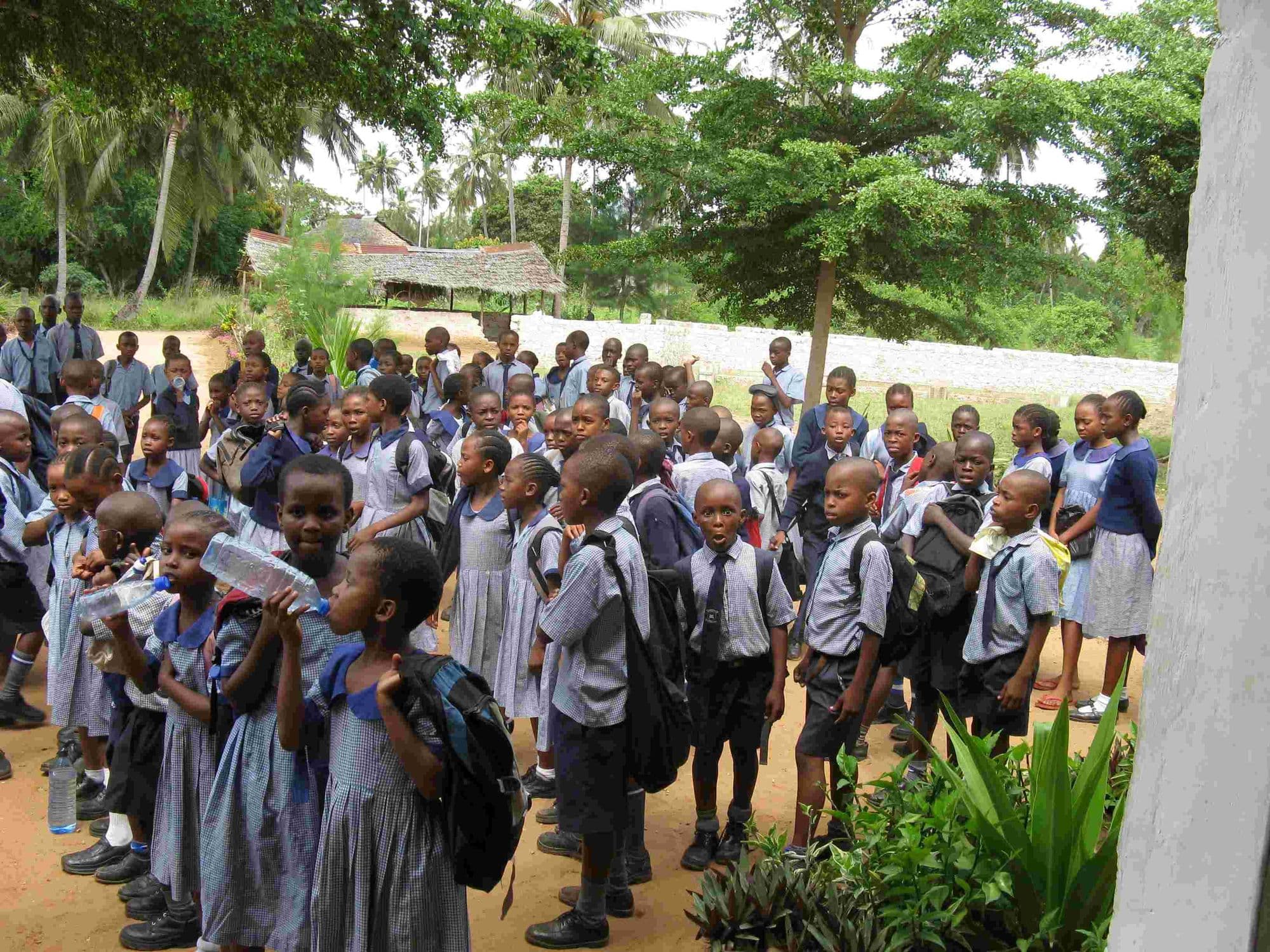 Crowds of pupils with school bags lined up to go home at the end of the day